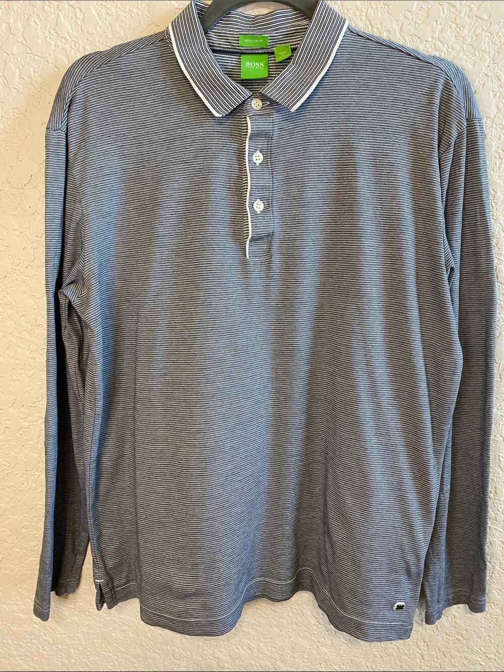 Boss Men’s Green Label Long-Sleeve Striped Polo in Navy & White Size Medium